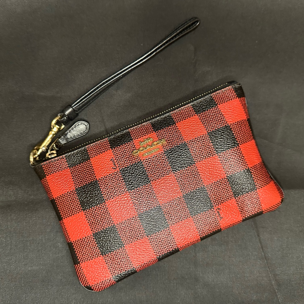 Coach Red and Black Buffalo Plaid Wristlet